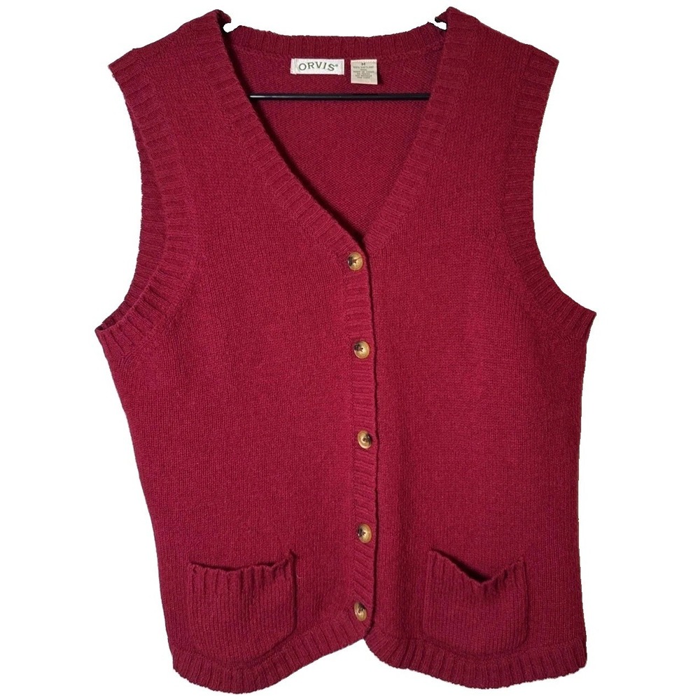 VTG Orvis Womens M Red 100% Shetland Wool Button Sweater Vest Pockets